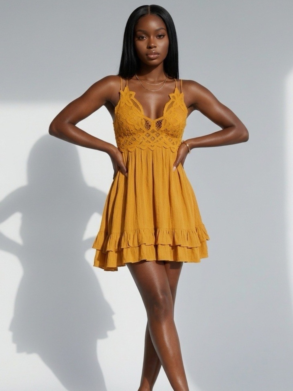 NEW Free People Adella mustard lace mini dress
